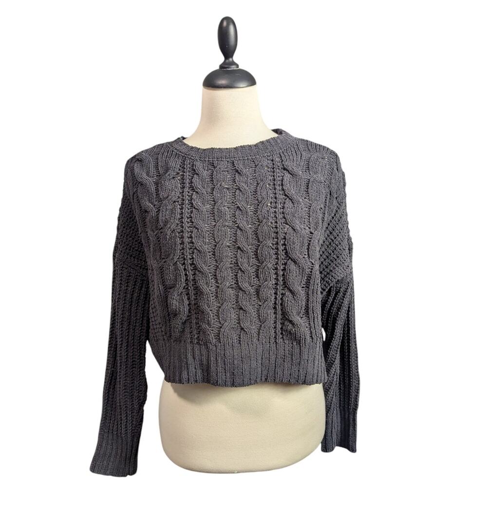 Arizona Jean Co XS Oversized Cropped Chenille Gray Knit Sweater Long Sleeve